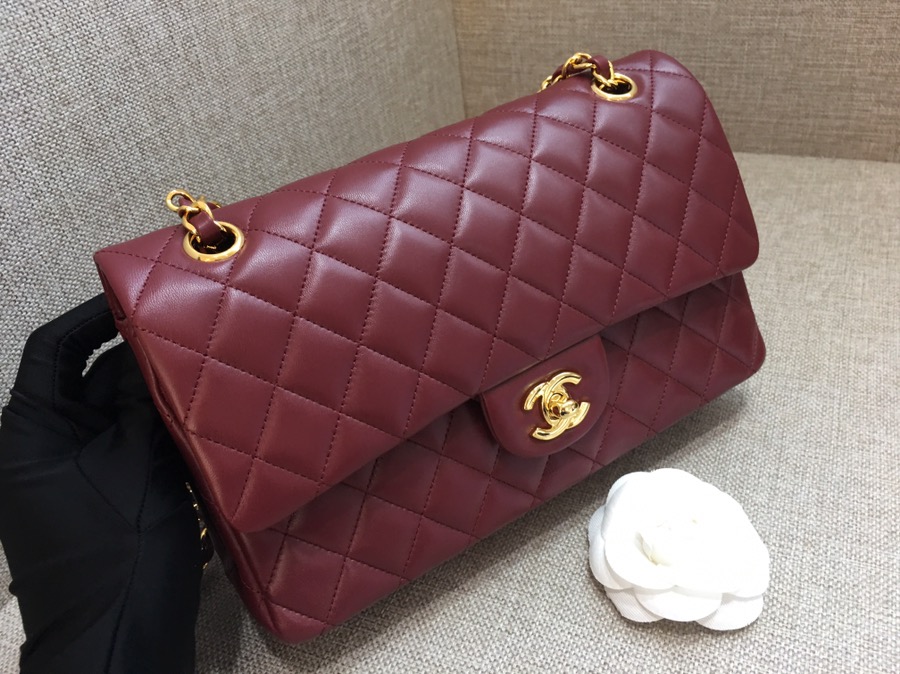 Medium Classic Flap Lambskin Bag AO1112 Dark Red/Gold